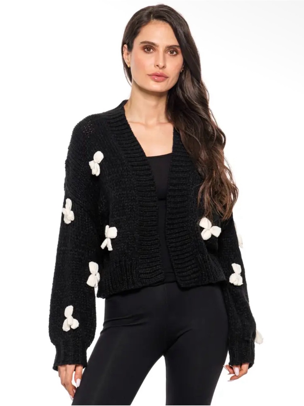 Black Chunky Knit Cardigan with White Bow Accents Size: Large NWT